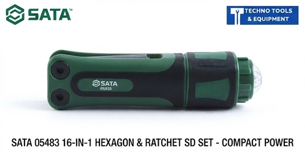 SATA 05483 16-in-1 mini ratchet screwdriver set, CR-V bits: hex, Phillips, slotted & Torx. Compact tool for tight spaces & fast work.