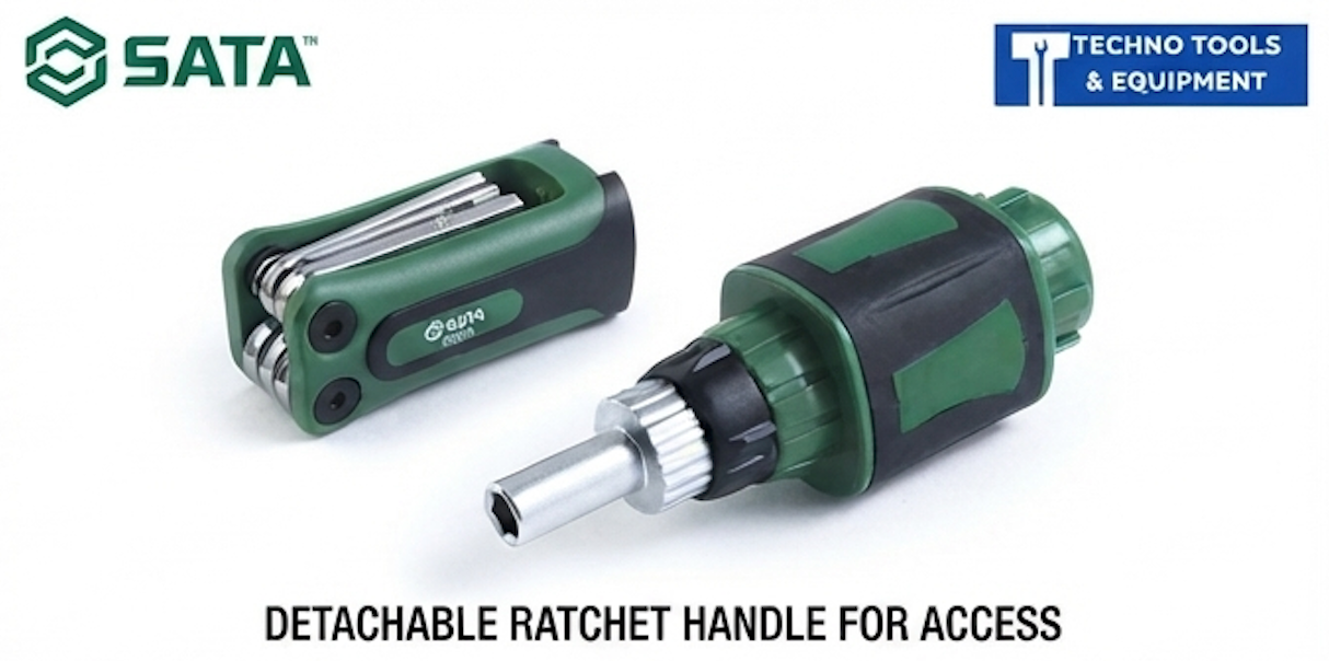 SATA 05483 16-in-1 mini ratchet screwdriver set, CR-V bits: hex, Phillips, slotted & Torx. Compact tool for tight spaces & fast work.