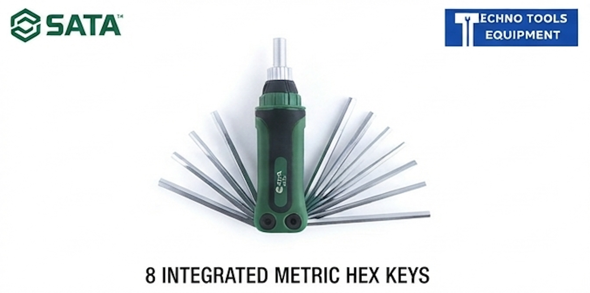SATA 05483 16-in-1 mini ratchet screwdriver set, CR-V bits: hex, Phillips, slotted & Torx. Compact tool for tight spaces & fast work.