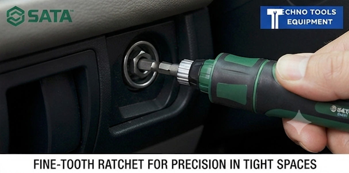 SATA 05483 16-in-1 mini ratchet screwdriver set, CR-V bits: hex, Phillips, slotted & Torx. Compact tool for tight spaces & fast work.
