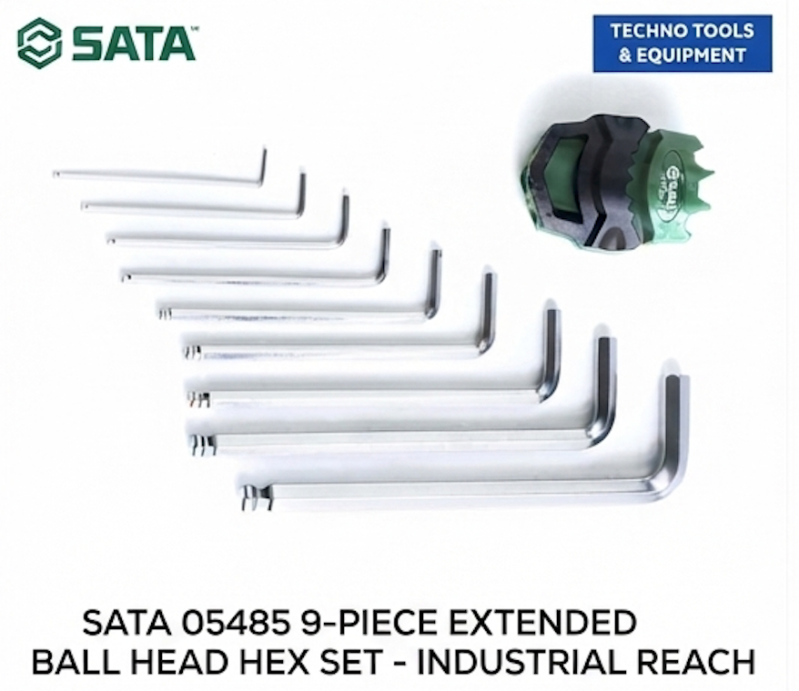 SATA 05485 9-piece extended ball head hex key set, metric 1.5-10mm, Cr-V steel, 25° angle access for hard-to-reach fasteners.