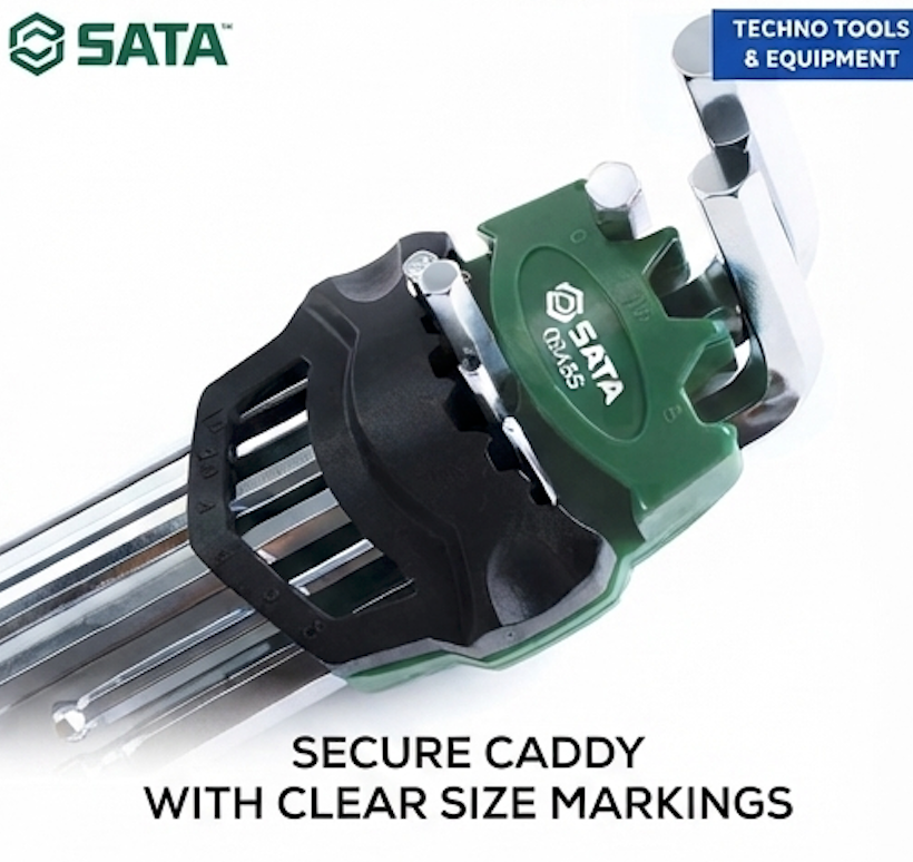 SATA 05485 9-piece extended ball head hex key set, metric 1.5-10mm, Cr-V steel, 25° angle access for hard-to-reach fasteners.