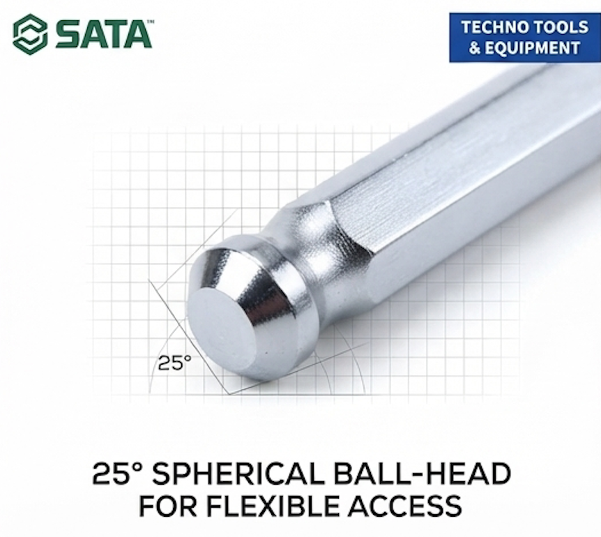 SATA 05485 9-piece extended ball head hex key set, metric 1.5-10mm, Cr-V steel, 25° angle access for hard-to-reach fasteners.