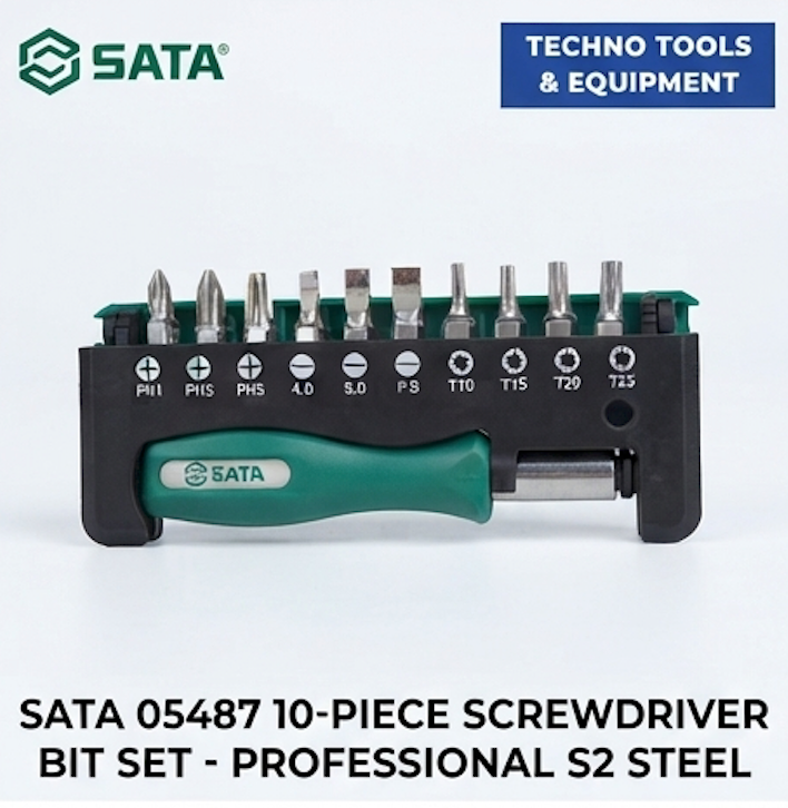 SATA 05487 10-piece screwdriver bit set, S2 steel, 1/4" hex shank. Phillips, slotted & Torx bits with magnetic extension bar.