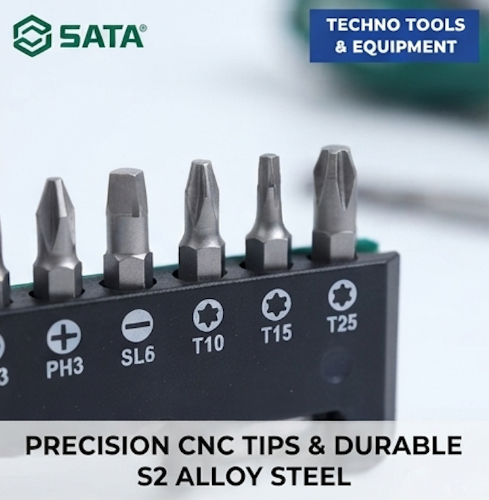 SATA 05487 10-piece screwdriver bit set, S2 steel, 1/4" hex shank. Phillips, slotted & Torx bits with magnetic extension bar.