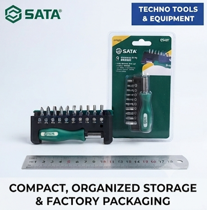 SATA 05487 10-piece screwdriver bit set, S2 steel, 1/4" hex shank. Phillips, slotted & Torx bits with magnetic extension bar.