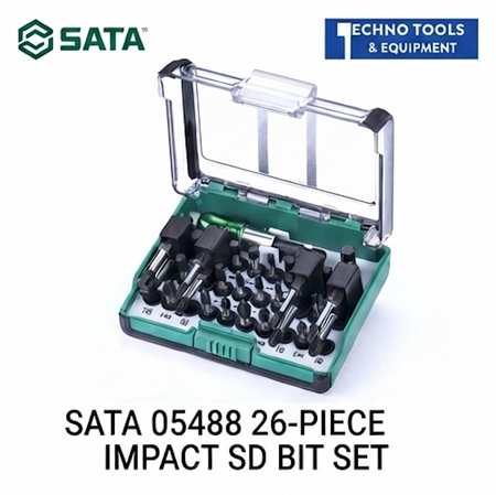 SATA 05488 26-piece impact bit set, S2 steel, torsion zone design for impact drivers. Phillips, slotted, Torx & hex bits included.
