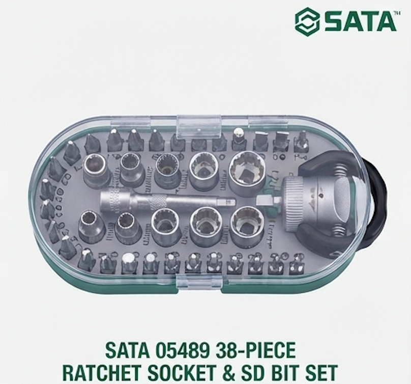 SATA 05489 38-piece ratchet socket & bit set, Cr-V bits, carbon steel sockets. Mini ratchet, screwdriver handle & precision bits.