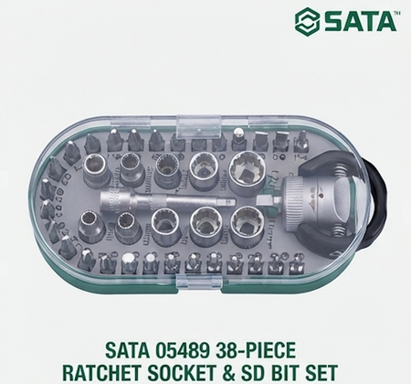 SATA 05489 38-piece ratchet socket & bit set, Cr-V bits, carbon steel sockets. Mini ratchet, screwdriver handle & precision bits.