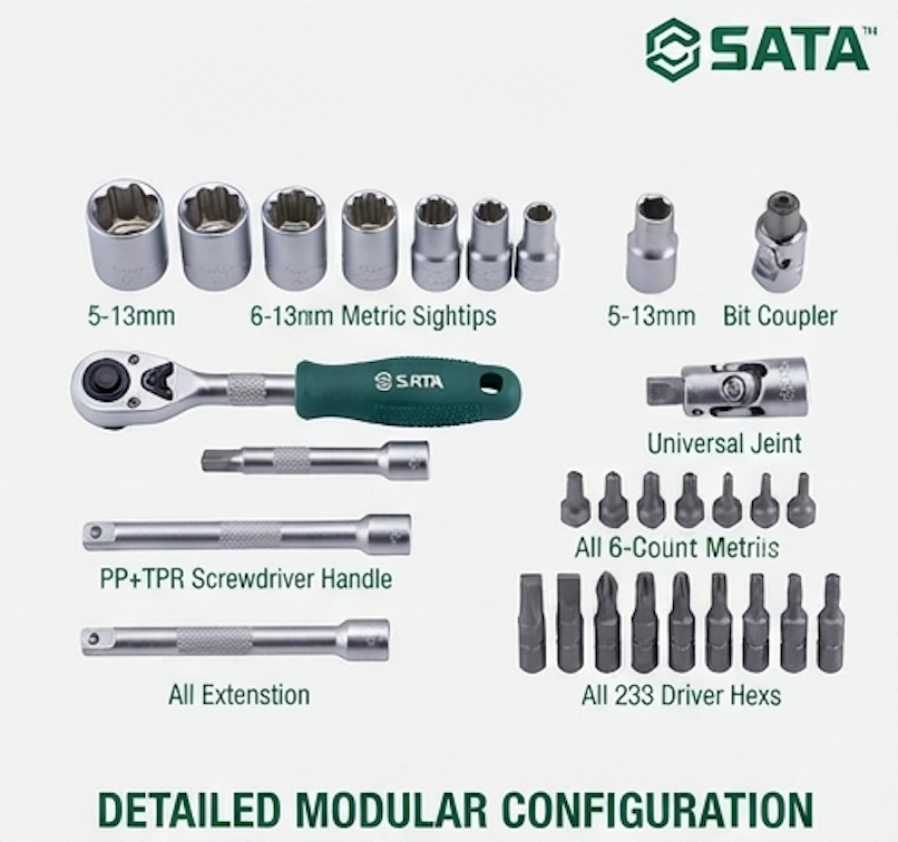 SATA 05489 38-piece ratchet socket & bit set, Cr-V bits, carbon steel sockets. Mini ratchet, screwdriver handle & precision bits.