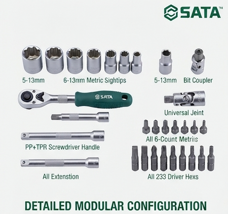 SATA 05489 38-piece ratchet socket & bit set, Cr-V bits, carbon steel sockets. Mini ratchet, screwdriver handle & precision bits.