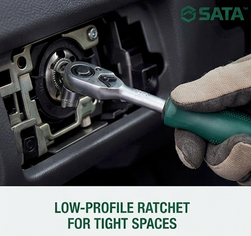 SATA 05489 38-piece ratchet socket & bit set, Cr-V bits, carbon steel sockets. Mini ratchet, screwdriver handle & precision bits.