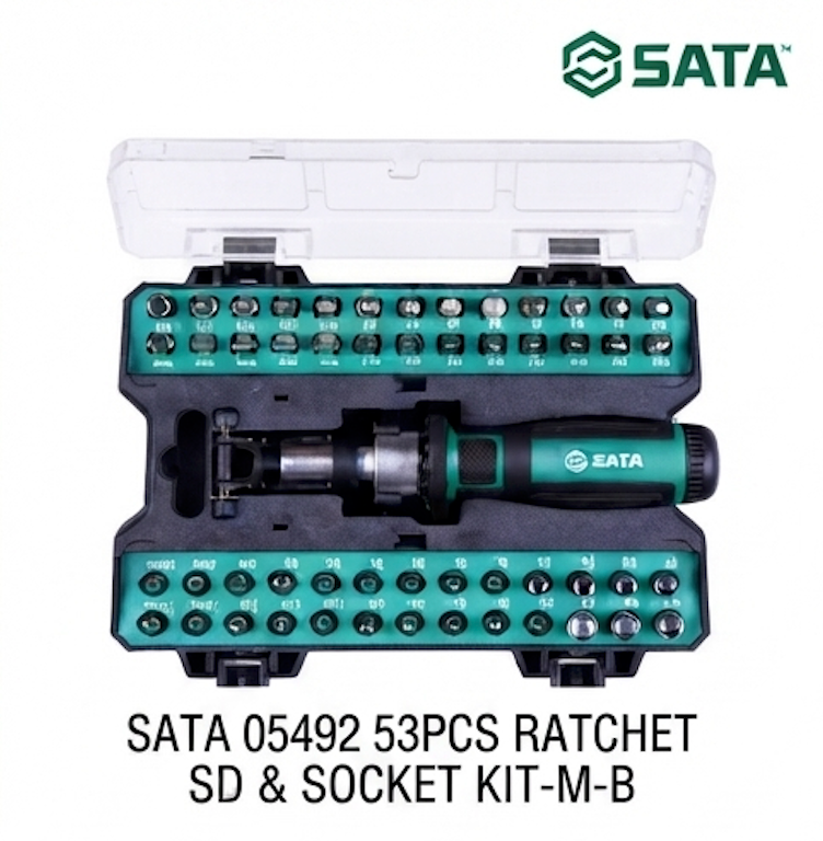 SATA 05492 53-piece ratchet & socket kit, Cr-V bits, carbon steel sockets. Reversible ratchet handle with metric sockets & bits.