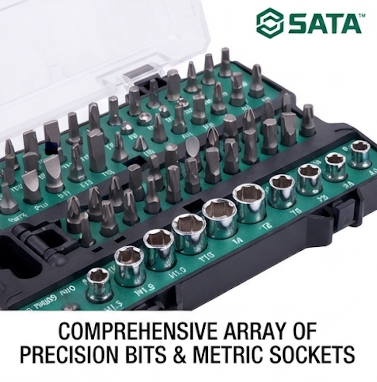 SATA 05492 53-piece ratchet & socket kit, Cr-V bits, carbon steel sockets. Reversible ratchet handle with metric sockets & bits.