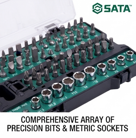 SATA 05492 53-piece ratchet & socket kit, Cr-V bits, carbon steel sockets. Reversible ratchet handle with metric sockets & bits.