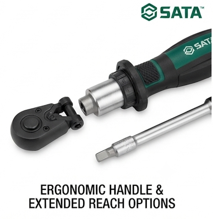 SATA 05492 53-piece ratchet & socket kit, Cr-V bits, carbon steel sockets. Reversible ratchet handle with metric sockets & bits.