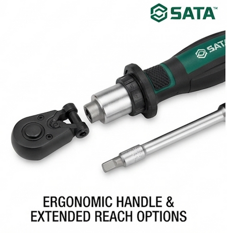 SATA 05492 53-piece ratchet & socket kit, Cr-V bits, carbon steel sockets. Reversible ratchet handle with metric sockets & bits.