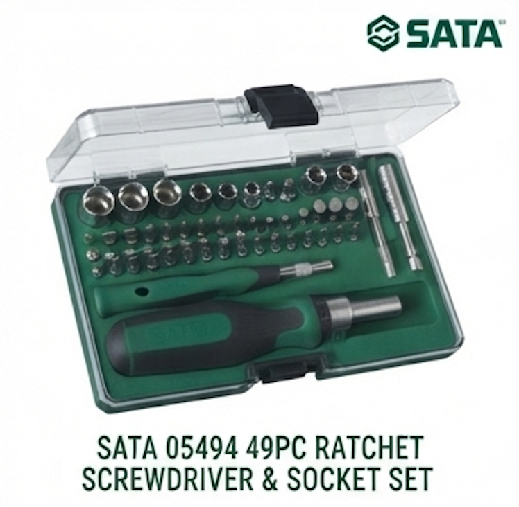 SATA 05494 49-piece ratchet screwdriver & socket set with dual 1/4" and 4mm micro drivers, Cr-V bits & carbon steel sockets.