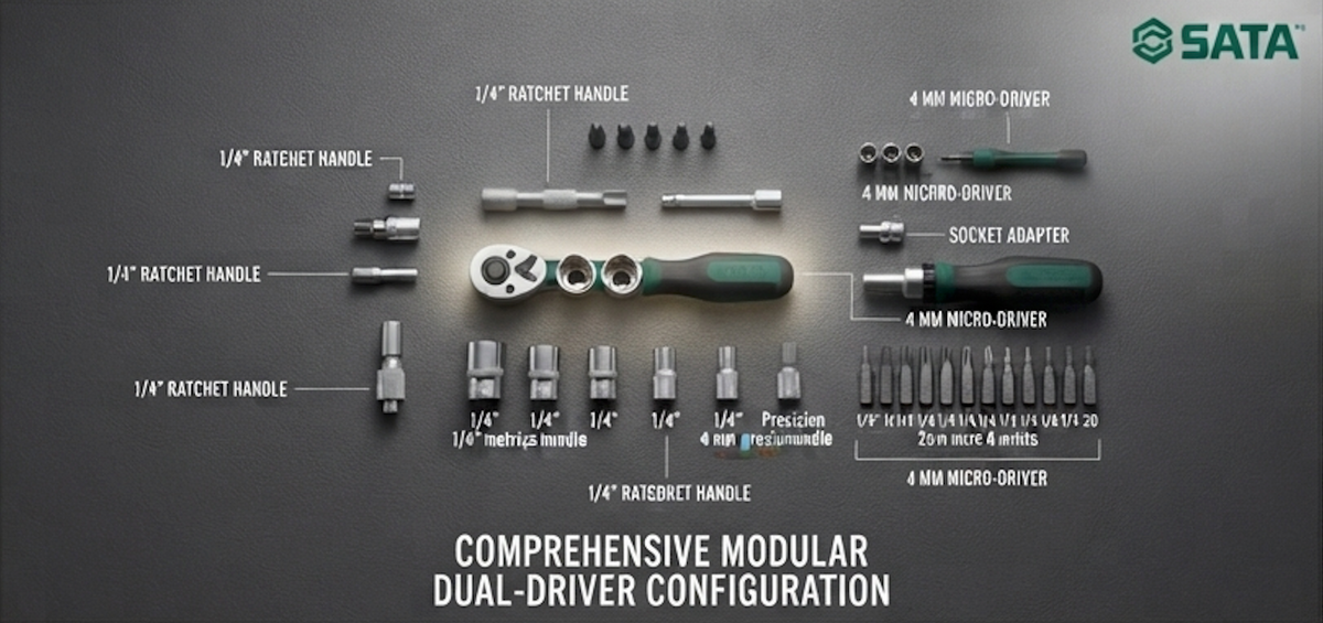 SATA 05494 49-piece ratchet screwdriver & socket set with dual 1/4" and 4mm micro drivers, Cr-V bits & carbon steel sockets.