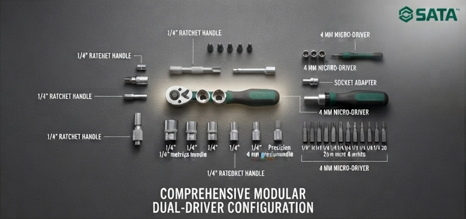 SATA 05494 49-piece ratchet screwdriver & socket set with dual 1/4" and 4mm micro drivers, Cr-V bits & carbon steel sockets.