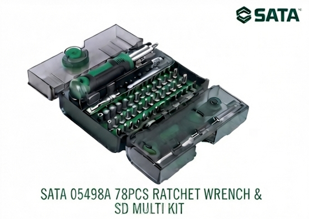 SATA 05498A 78-piece ratchet & screwdriver kit, dual 1/4" & 4mm micro bits, Cr-V steel, ESD tweezers. For auto to electronics repair.