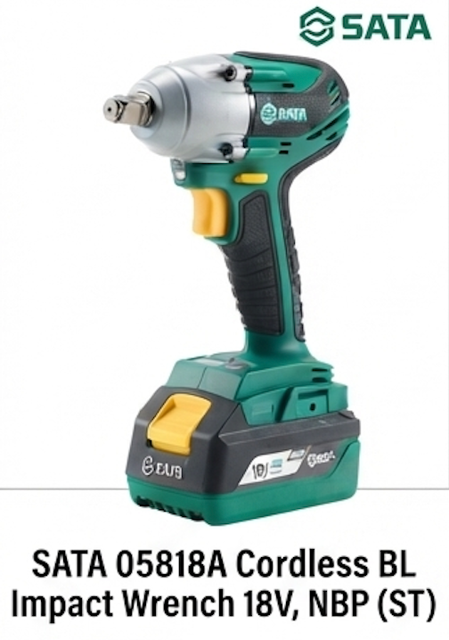 SATA 05818A 18V brushless impact wrench, 300N.m torque, NBP battery platform with USB power bank. For automotive & structural work.