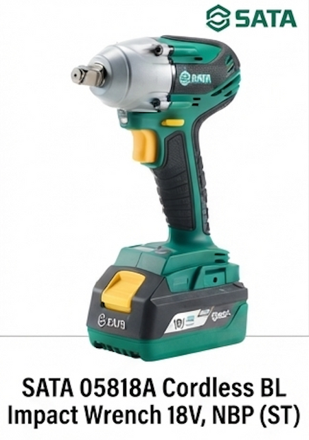 SATA 05818A 18V brushless impact wrench, 300N.m torque, NBP battery platform with USB power bank. For automotive & structural work.