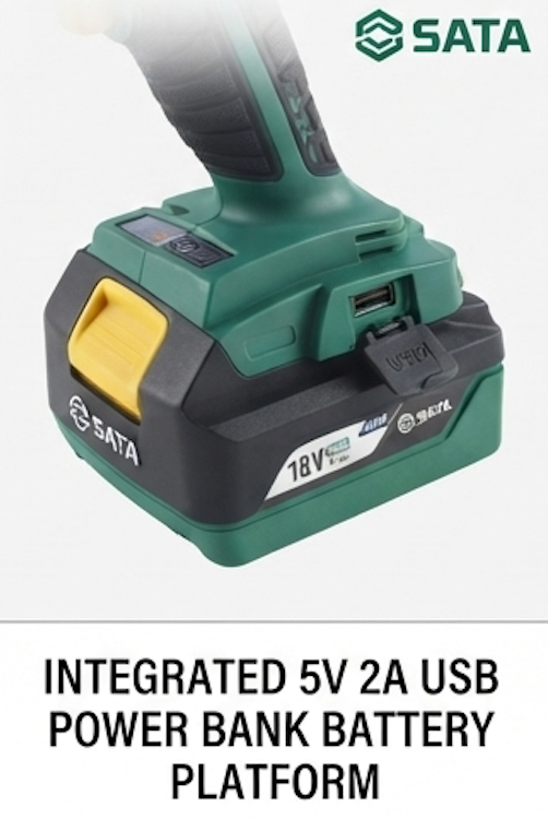 SATA 05818A 18V brushless impact wrench, 300N.m torque, NBP battery platform with USB power bank. For automotive & structural work.
