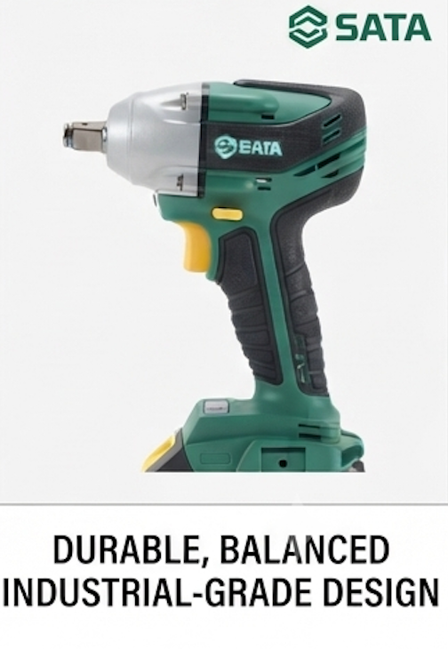 SATA 05818A 18V brushless impact wrench, 300N.m torque, NBP battery platform with USB power bank. For automotive & structural work.