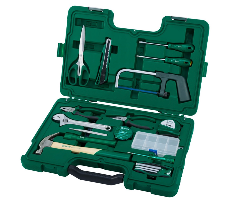 SATA 06008 25-piece basic tool set with wrench, pliers, screwdrivers, hex keys & more, all in a durable carry case for home use.