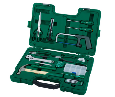 SATA 06008 25-piece basic tool set with wrench, pliers, screwdrivers, hex keys & more, all in a durable carry case for home use.