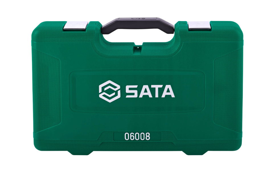 SATA 06008 25-piece basic tool set with wrench, pliers, screwdrivers, hex keys & more, all in a durable carry case for home use.