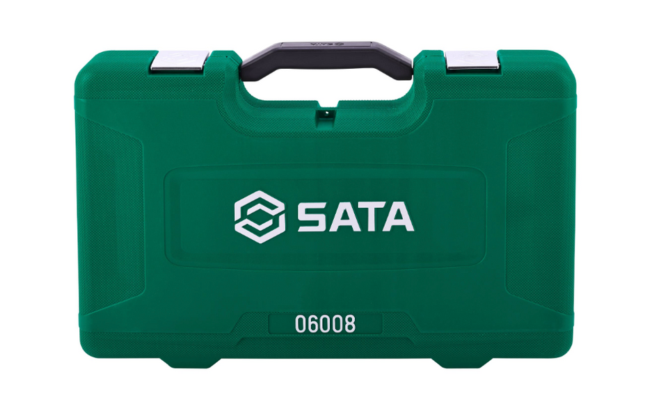 SATA 06008 25-piece basic tool set with wrench, pliers, screwdrivers, hex keys & more, all in a durable carry case for home use.
