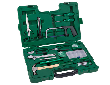 SATA 06008 25-piece basic tool set with wrench, pliers, screwdrivers, hex keys & more, all in a durable carry case for home use.