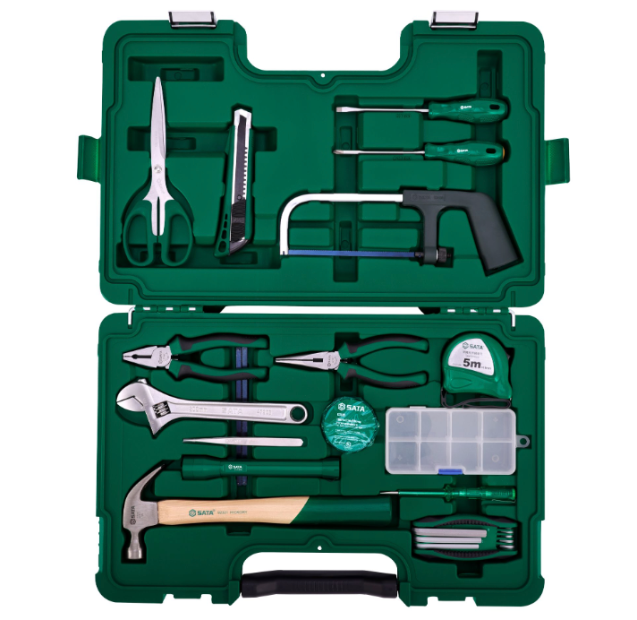 SATA 06008 25-piece basic tool set with wrench, pliers, screwdrivers, hex keys & more, all in a durable carry case for home use.