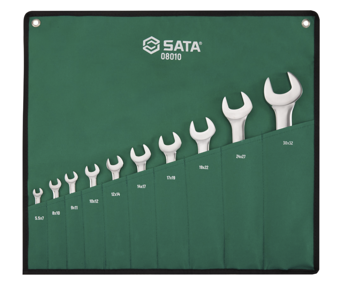 SATA 08010 10-piece double open end wrench set, metric 5.5-32mm. Durable, precision-forged wrenches for a wide range of fasteners.