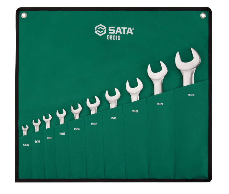 SATA 08010 10-piece double open end wrench set, metric 5.5-32mm. Durable, precision-forged wrenches for a wide range of fasteners.