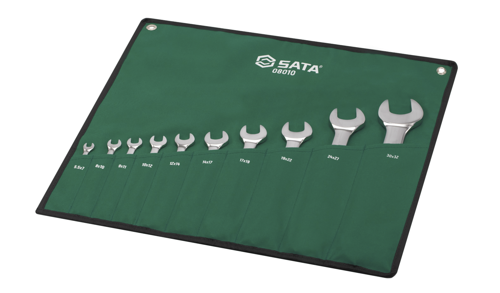 SATA 08010 10-piece double open end wrench set, metric 5.5-32mm. Durable, precision-forged wrenches for a wide range of fasteners.
