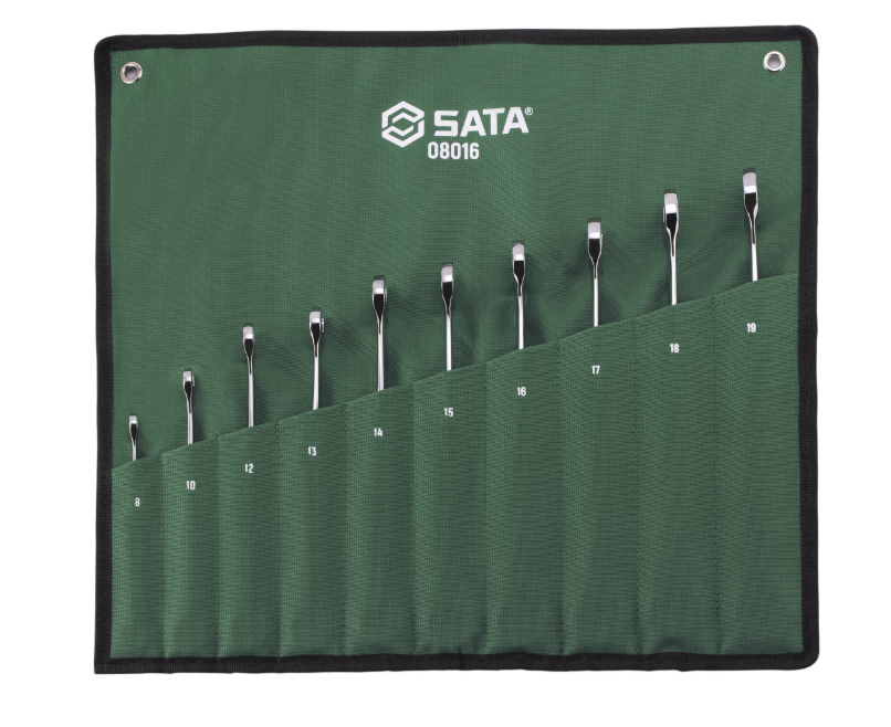 SATA 08016 10-piece X-beam combination ratcheting wrench set, metric 8-19mm, with portable tray-type case for narrow spaces.