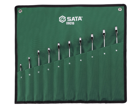 SATA 08016 10-piece X-beam combination ratcheting wrench set, metric 8-19mm, with portable tray-type case for narrow spaces.