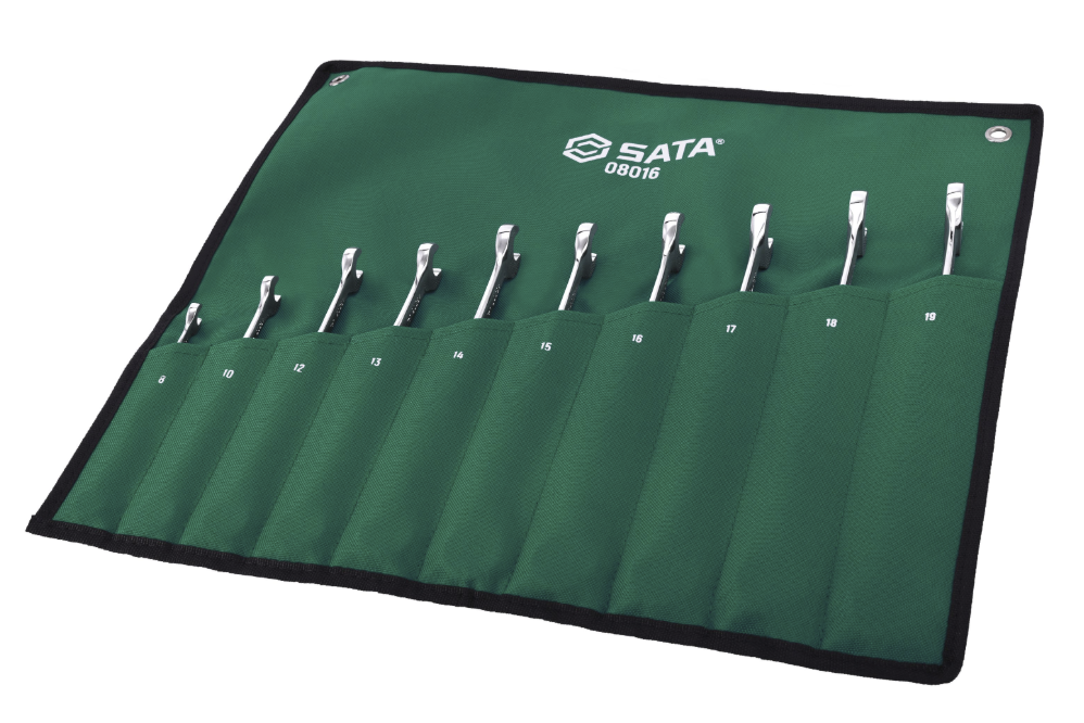 SATA 08016 10-piece X-beam combination ratcheting wrench set, metric 8-19mm, with portable tray-type case for narrow spaces.