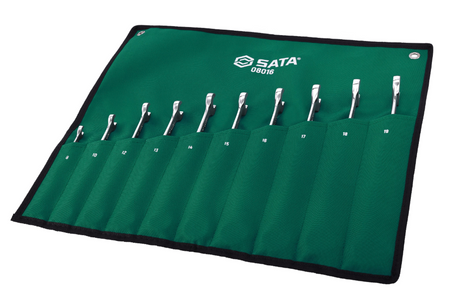 SATA 08016 10-piece X-beam combination ratcheting wrench set, metric 8-19mm, with portable tray-type case for narrow spaces.