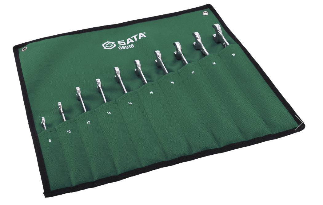 SATA 08016 10-piece X-beam combination ratcheting wrench set, metric 8-19mm, with portable tray-type case for narrow spaces.