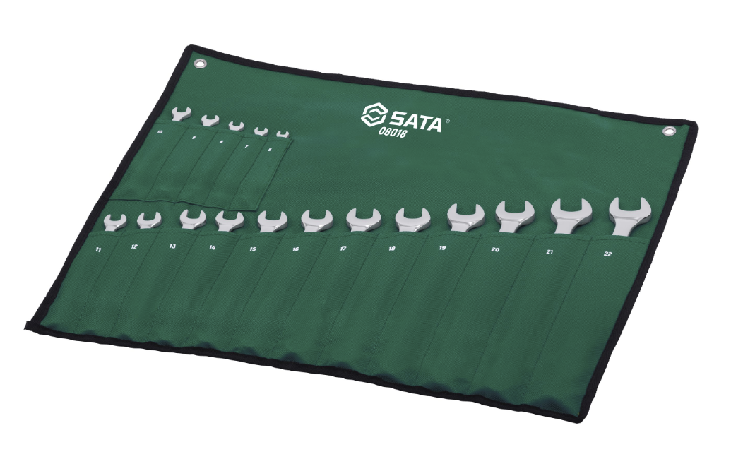 SATA 08018 17-piece offset combination wrench set, metric 6-22mm. Durable, precision-forged wrenches for a wide range of fasteners.