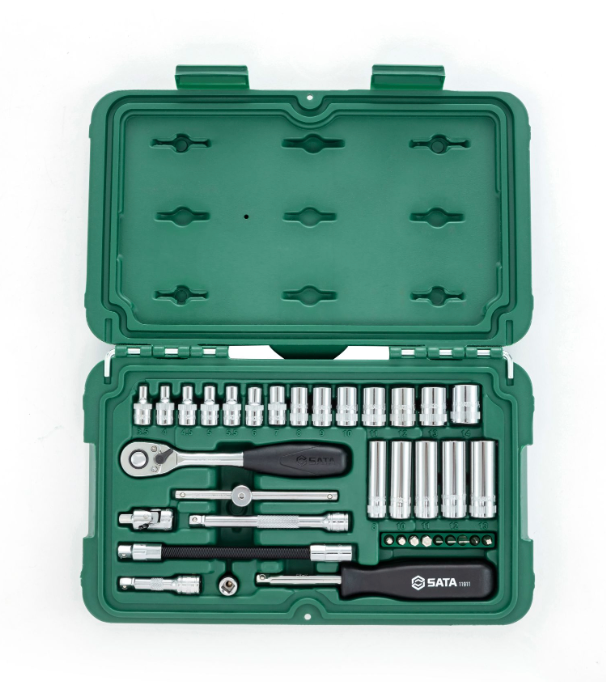 SATA 09001 36-piece 1/4" drive metric socket set with ratchet, extensions, bits & more in a durable carry case for versatile use.
