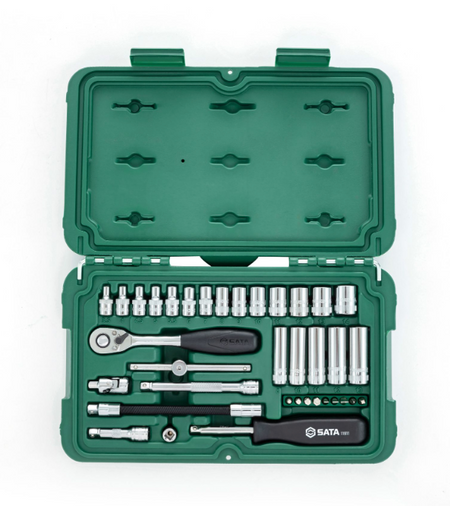 SATA 09001 36-piece 1/4" drive metric socket set with ratchet, extensions, bits & more in a durable carry case for versatile use.