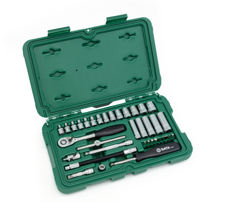 SATA 09001 36-piece 1/4" drive metric socket set with ratchet, extensions, bits & more in a durable carry case for versatile use.