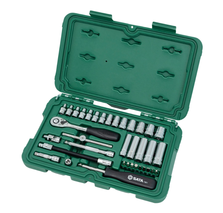 SATA 09001 36-piece 1/4" drive metric socket set with ratchet, extensions, bits & more in a durable carry case for versatile use.
