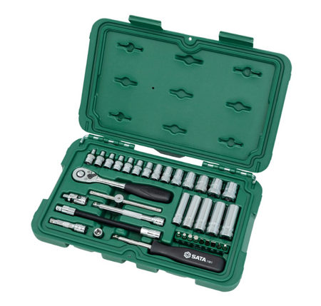 SATA 09001 36-piece 1/4" drive metric socket set with ratchet, extensions, bits & more in a durable carry case for versatile use.