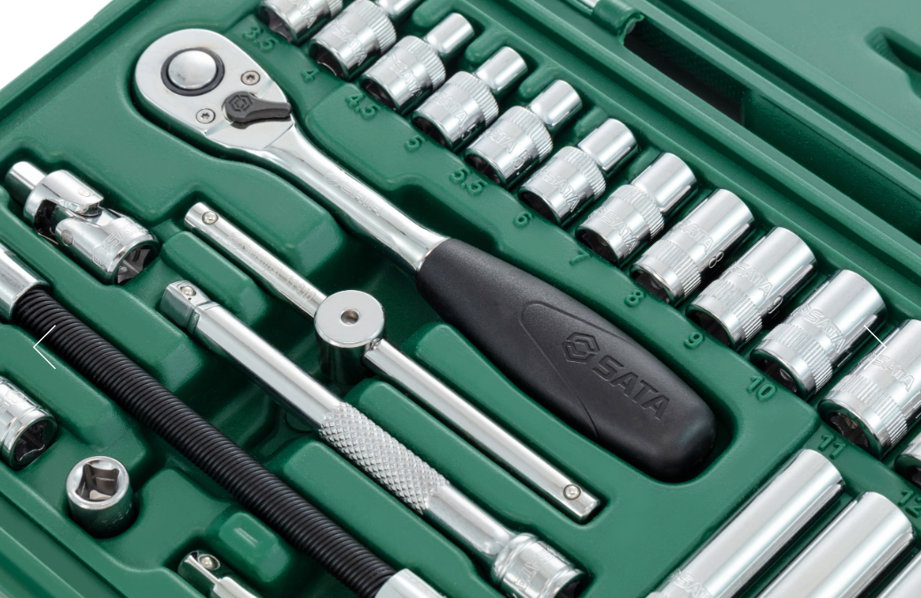 SATA 09001 36-piece 1/4" drive metric socket set with ratchet, extensions, bits & more in a durable carry case for versatile use.